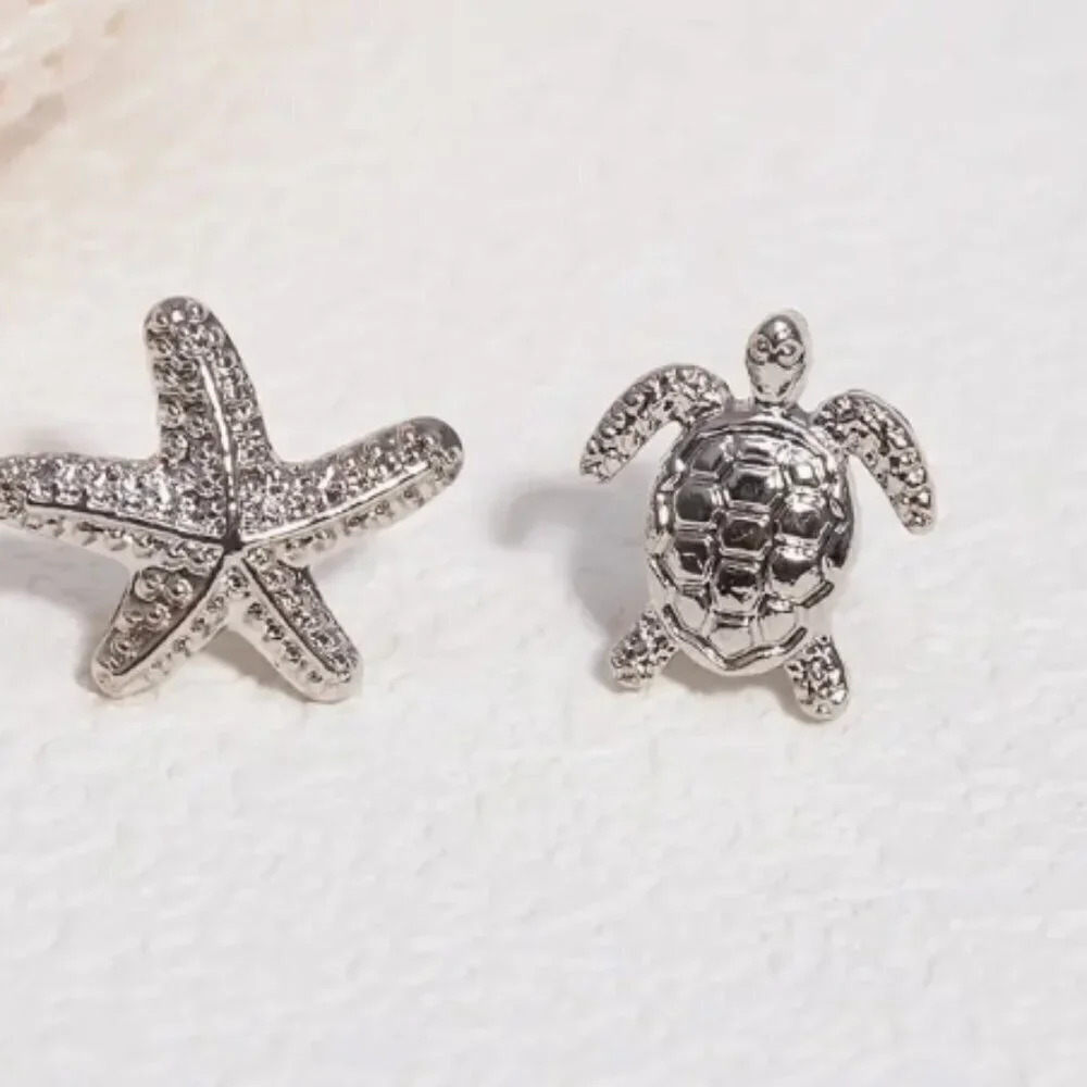 Women Girls Small Asymmetrical Starfish Turtle Stud Silver Earrings - Picture 5 of 5